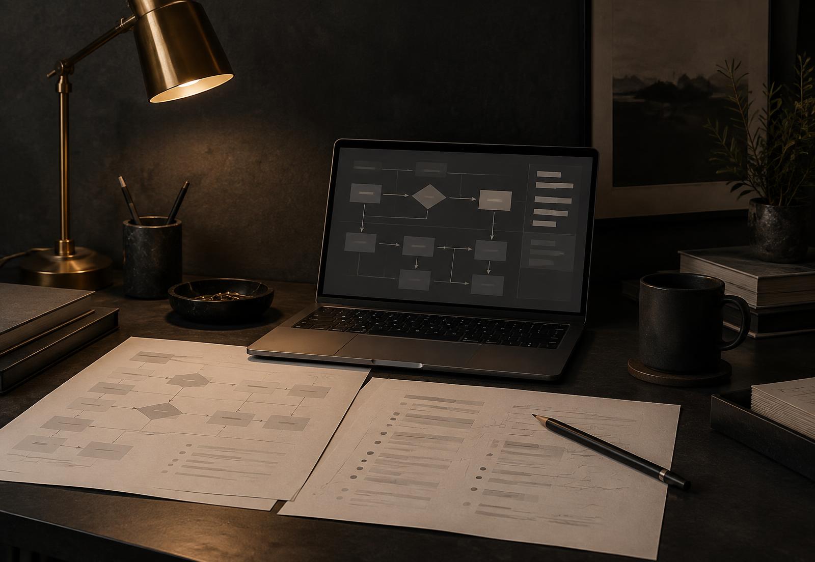 Workflow diagrams and process notes on a dark desk under a brass lamp